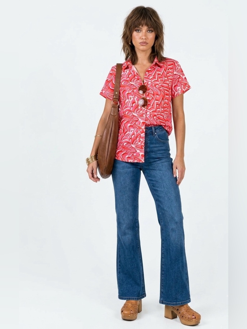 Princess Polly $48 P2P 21” Pink Abstract Retro Swirl Button Down Top Sz 8